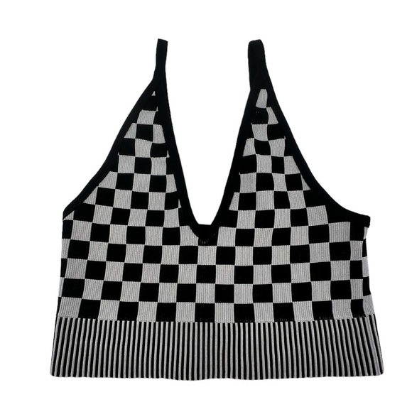 Black White Checkered Crop V-Neck Tank Top Size Small Women’s - Picture 1 of 4